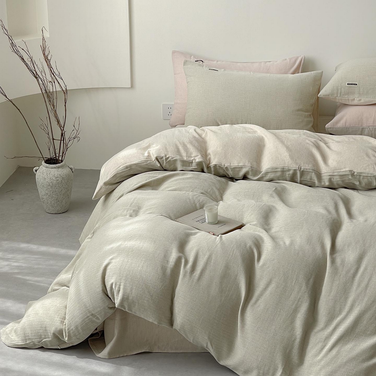 91家纺网 家纺一手货源 找家纺 2025新款休闲风超柔棉麻四件套简约纯棉全棉复古风素色亚麻高端床上用品四季通用 安缦-绿