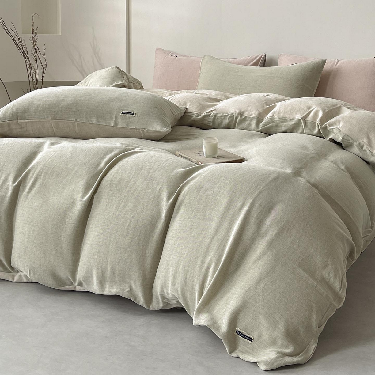 91家纺网 家纺一手货源 找家纺 2025新款休闲风超柔棉麻四件套简约纯棉全棉复古风素色亚麻高端床上用品四季通用 安缦-绿