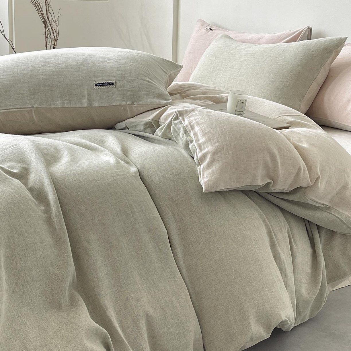 91家纺网 家纺一手货源 找家纺 2025新款休闲风超柔棉麻四件套简约纯棉全棉复古风素色亚麻高端床上用品四季通用 安缦-绿