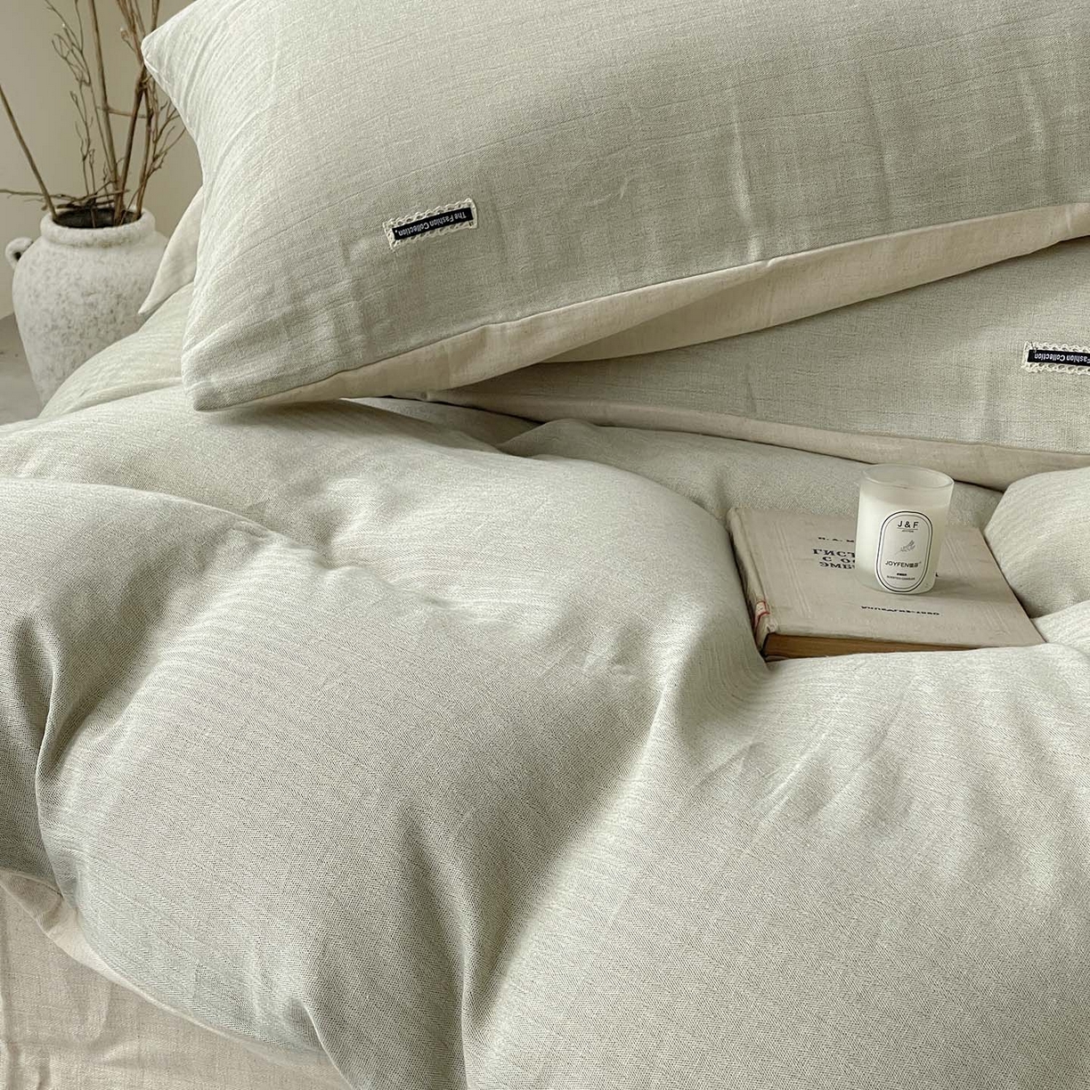 91家纺网 家纺一手货源 找家纺 2025新款休闲风超柔棉麻四件套简约纯棉全棉复古风素色亚麻高端床上用品四季通用 安缦-绿