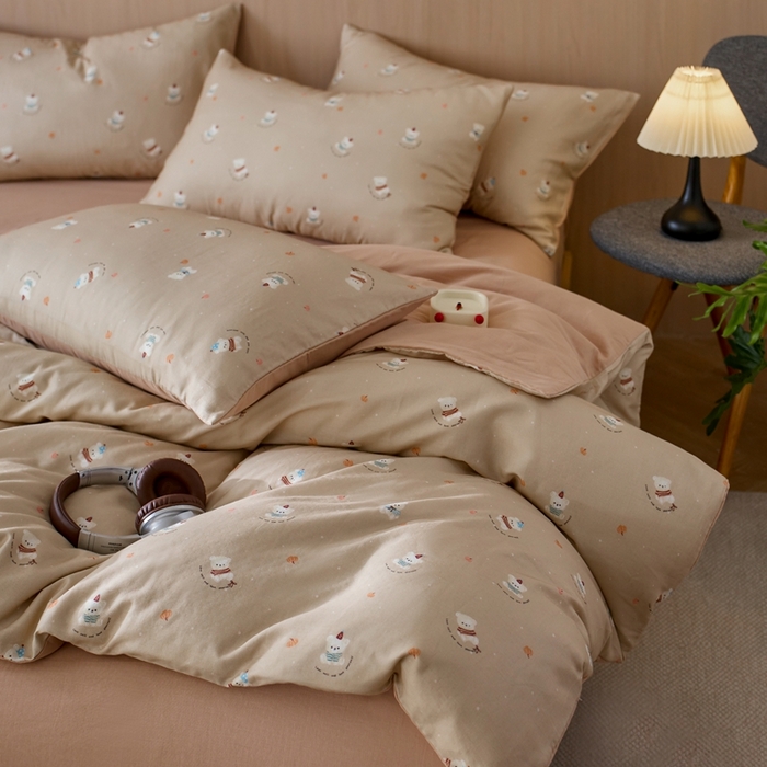 91家纺网 家纺一手货源 找家纺 千朵森 2025新款亲肤舒适高品质双层纱套件四件套-西海 西海—暖棕