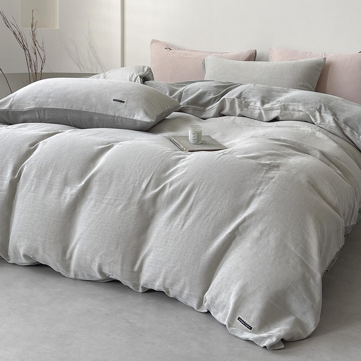 91家纺网 家纺一手货源 找家纺 2025新款休闲风超柔棉麻四件套简约纯棉全棉复古风素色亚麻高端床上用品四季通用 安缦-灰