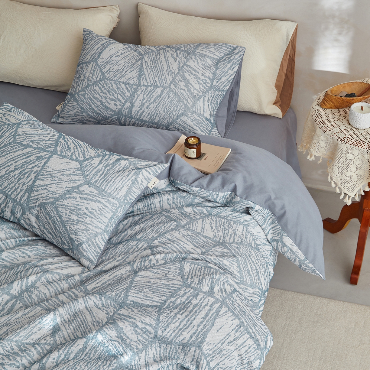 简宜家居（朝初家纺） 2025新款全棉提花纯棉加厚磨毛四件套 梦枝-灰蓝