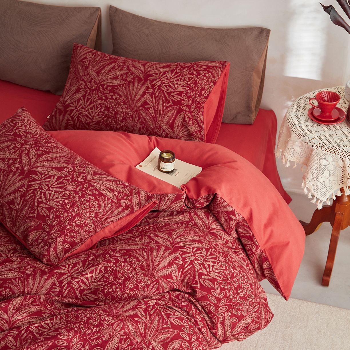 简宜家居（朝初家纺） 2025新款全棉提花纯棉加厚磨毛四件套 梦枝-红馥