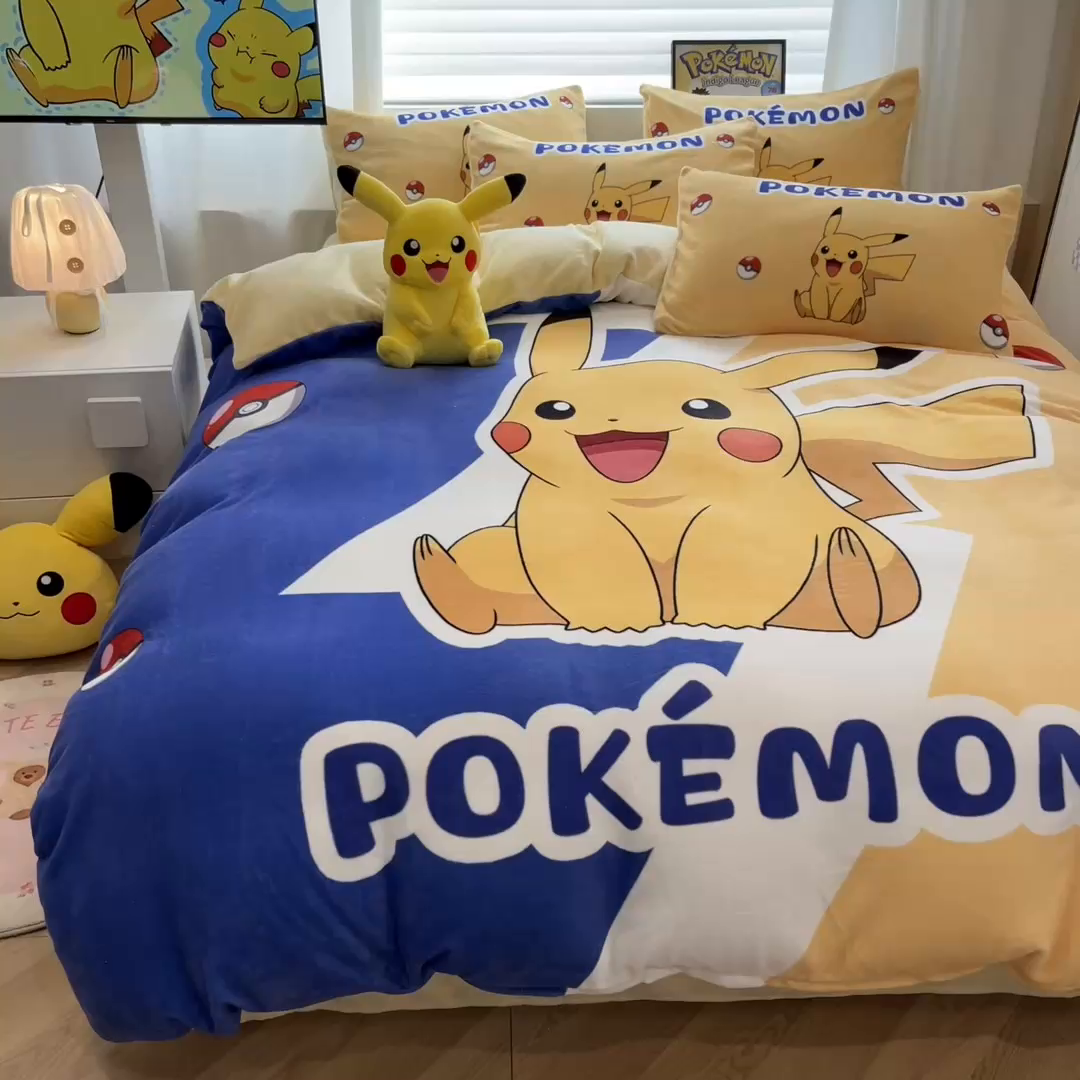 91家纺网 家纺一手货源 找家纺 （总）暮思家居 2025新款正版授权宝可梦数码印花高克重加厚保暖牛奶绒四件套