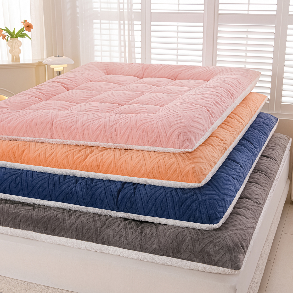 91家纺网 家纺一手货源 找家纺 金灵居 2025新款雕花牛奶绒床垫羊羔绒床垫床褥子跨境外贸 蓝拼白