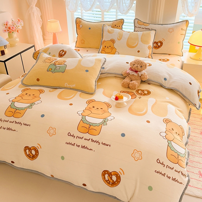 91家纺网 家纺一手货源 找家纺 518家纺 2025新高克重200g卡通印花牛奶绒四件套（支持定制）芝士熊