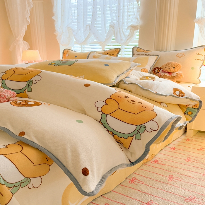 91家纺网 家纺一手货源 找家纺 518家纺 2025新高克重200g卡通印花牛奶绒四件套（支持定制）芝士熊