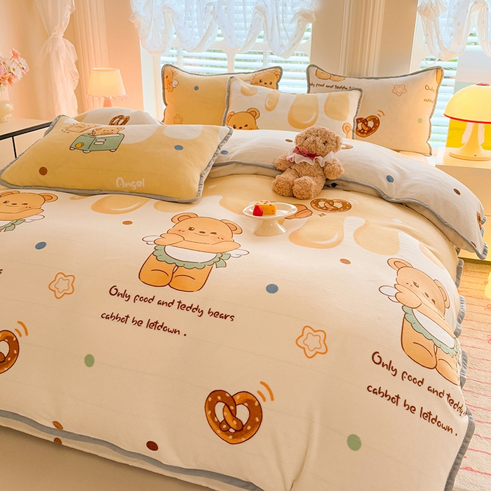 91家纺网 家纺一手货源 找家纺 518家纺 2025新高克重200g卡通印花牛奶绒四件套（支持定制）芝士熊