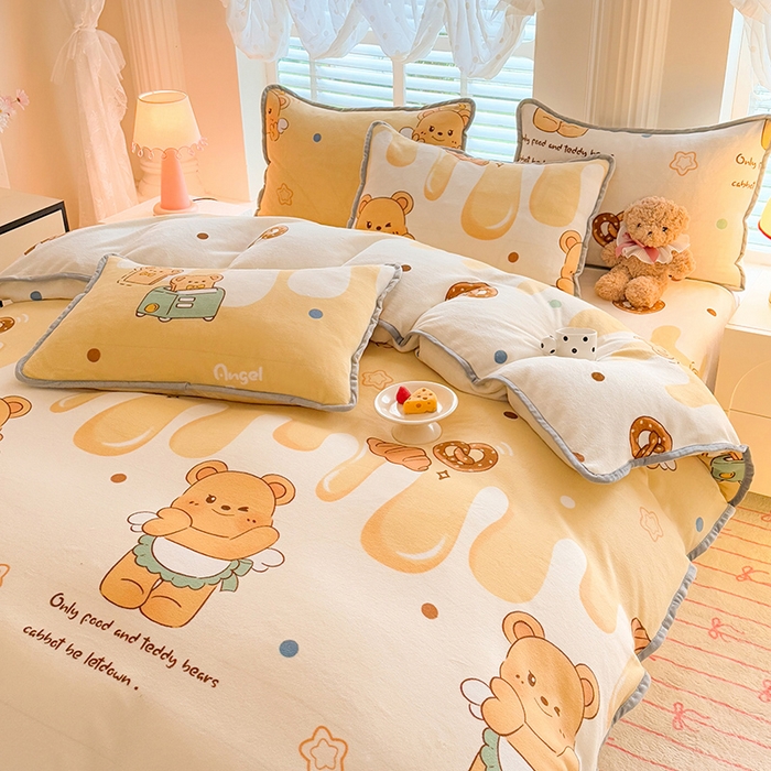 91家纺网 家纺一手货源 找家纺 518家纺 2025新高克重200g卡通印花牛奶绒四件套（支持定制）芝士熊