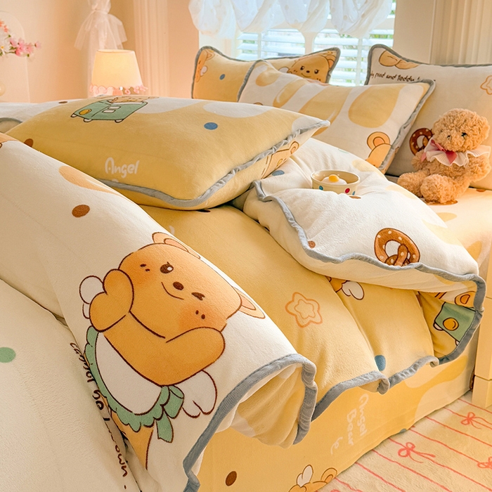 91家纺网 家纺一手货源 找家纺 518家纺 2025新高克重200g卡通印花牛奶绒四件套（支持定制）芝士熊