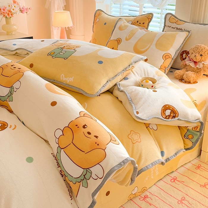 91家纺网 家纺一手货源 找家纺 518家纺 2025新高克重200g卡通印花牛奶绒四件套（支持定制）芝士熊