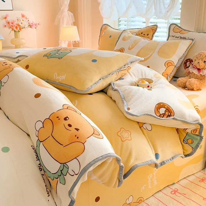 91家纺网 家纺一手货源 找家纺 518家纺 2025新高克重200g卡通印花牛奶绒四件套（支持定制）芝士熊