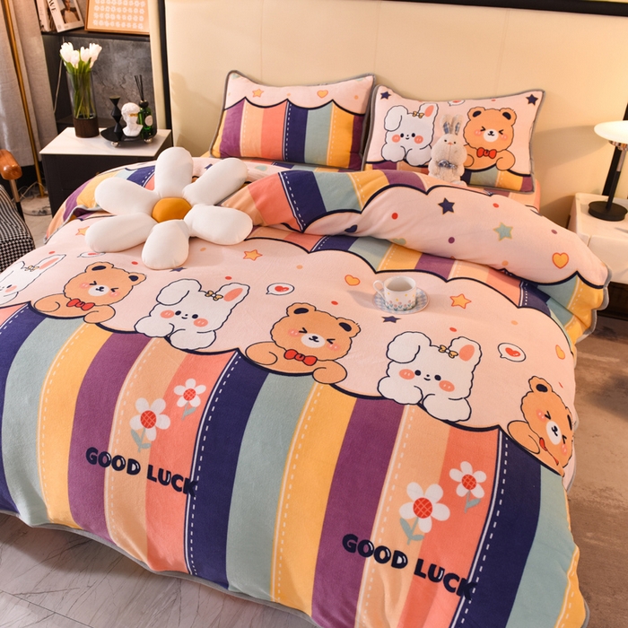 91家纺网 家纺一手货源 找家纺 518家纺 2025新高克重200g卡通印花牛奶绒四件套（支持定制）七彩花园