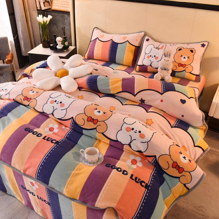 91家纺网 家纺一手货源 找家纺 518家纺 2025新高克重200g卡通印花牛奶绒四件套（支持定制）七彩花园