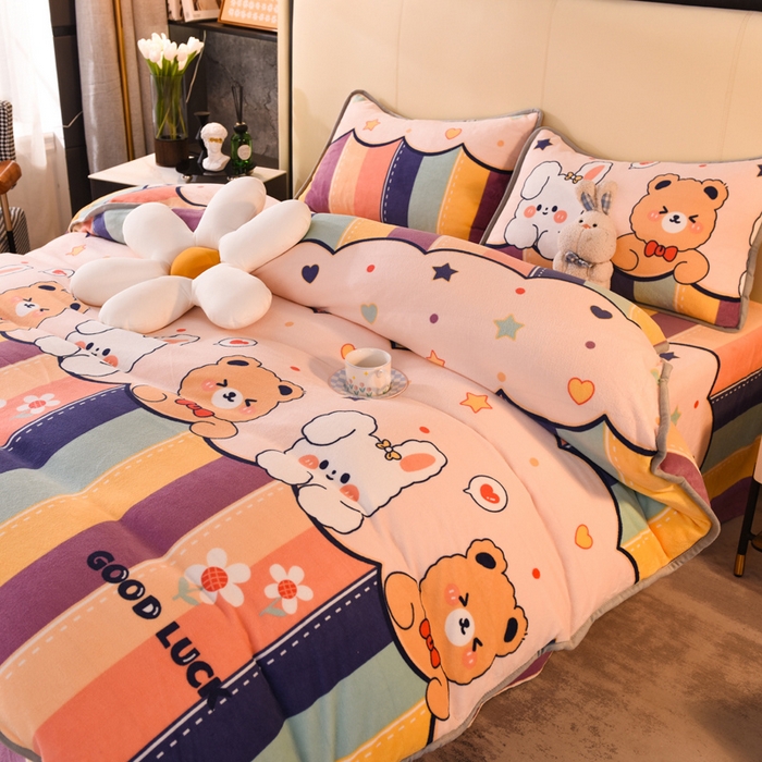 91家纺网 家纺一手货源 找家纺 518家纺 2025新高克重200g卡通印花牛奶绒四件套（支持定制）七彩花园