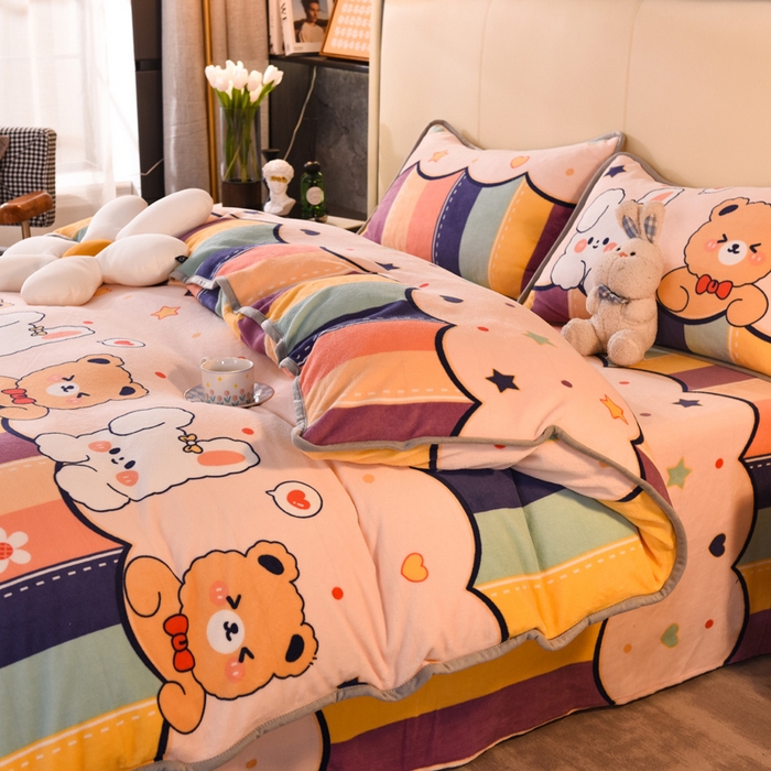91家纺网 家纺一手货源 找家纺 518家纺 2025新高克重200g卡通印花牛奶绒四件套（支持定制）七彩花园