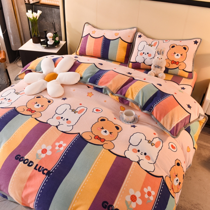 91家纺网 家纺一手货源 找家纺 518家纺 2025新高克重200g卡通印花牛奶绒四件套（支持定制）七彩花园