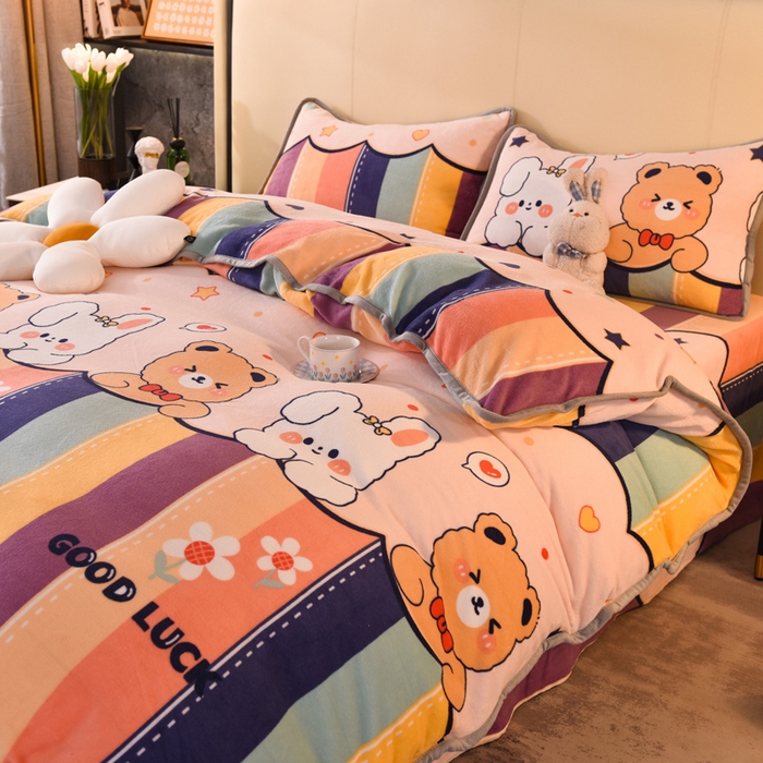91家纺网 家纺一手货源 找家纺 518家纺 2025新高克重200g卡通印花牛奶绒四件套（支持定制）七彩花园