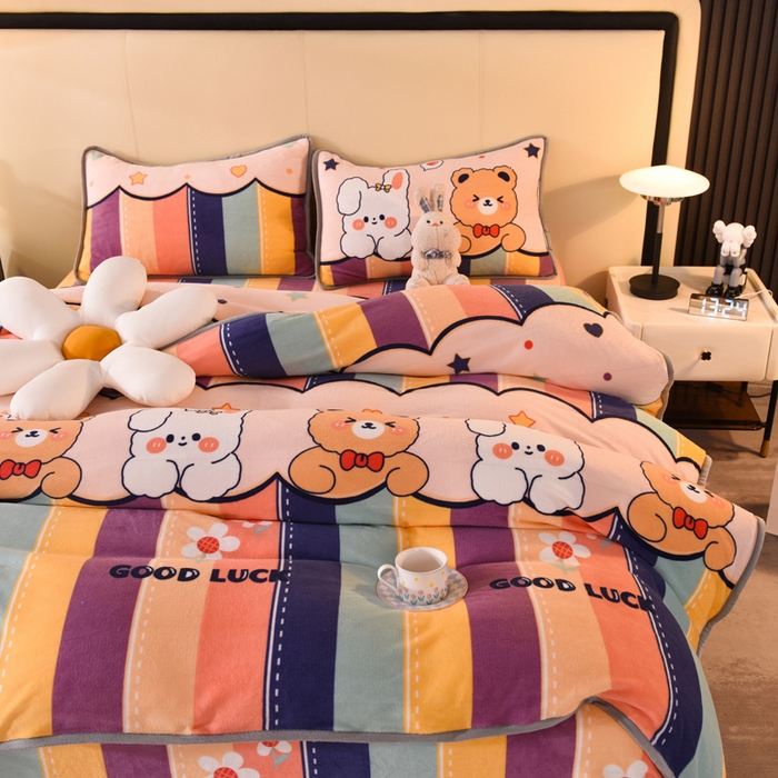 91家纺网 家纺一手货源 找家纺 518家纺 2025新高克重200g卡通印花牛奶绒四件套（支持定制）七彩花园