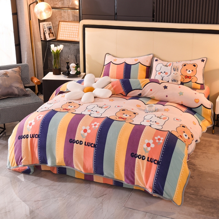 91家纺网 家纺一手货源 找家纺 518家纺 2025新高克重200g卡通印花牛奶绒四件套（支持定制）七彩花园