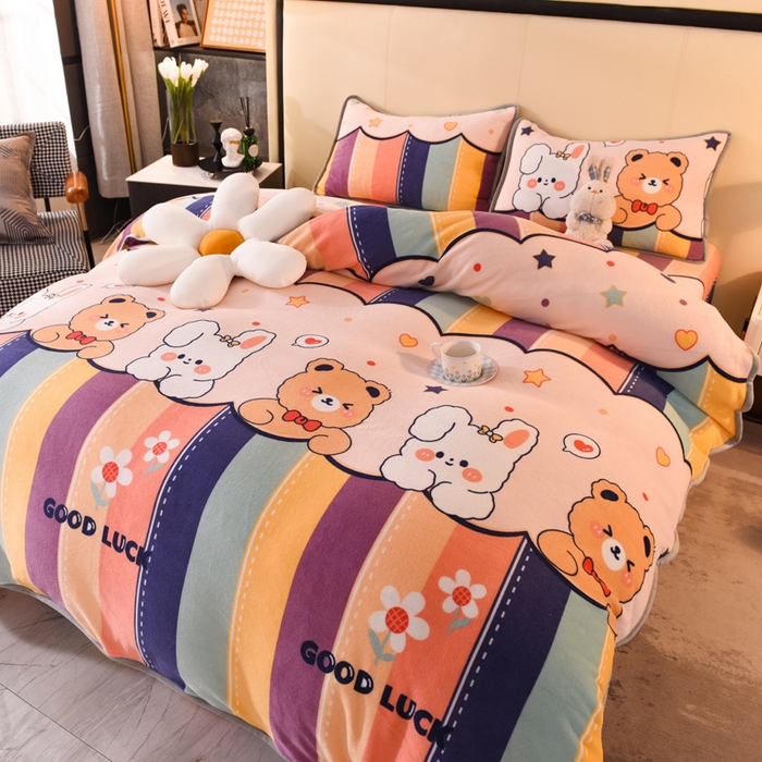 91家纺网 家纺一手货源 找家纺 518家纺 2025新高克重200g卡通印花牛奶绒四件套（支持定制）七彩花园