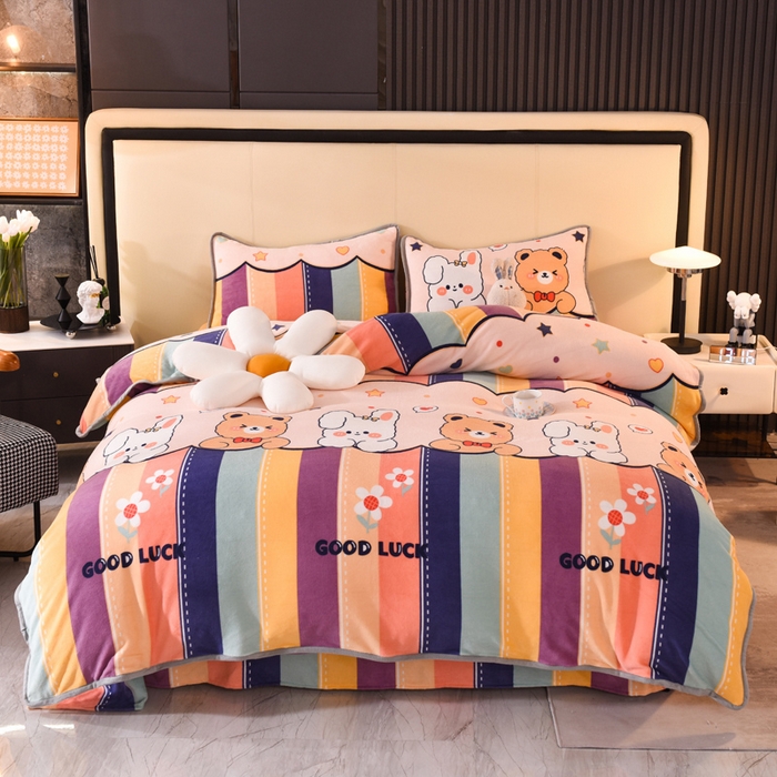 518家纺 2025新高克重200g卡通印花牛奶绒四件套（支持定制）七彩花园