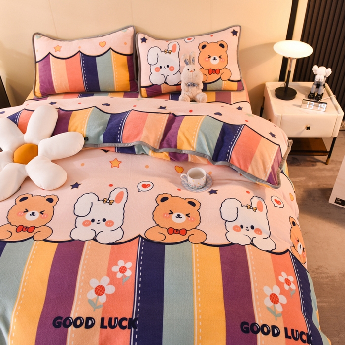 91家纺网 家纺一手货源 找家纺 518家纺 2025新高克重200g卡通印花牛奶绒四件套（支持定制）七彩花园