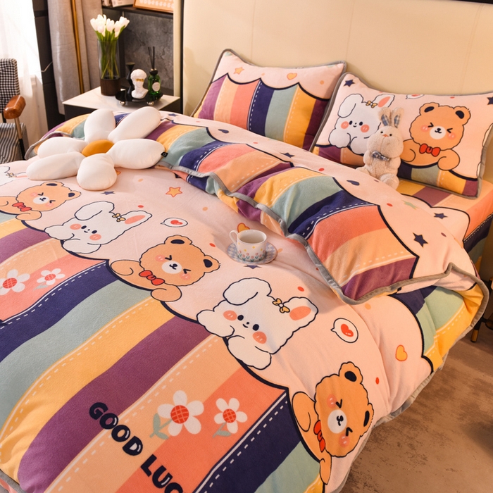 91家纺网 家纺一手货源 找家纺 518家纺 2025新高克重200g卡通印花牛奶绒四件套（支持定制）七彩花园