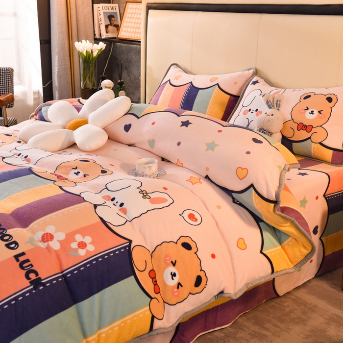91家纺网 家纺一手货源 找家纺 518家纺 2025新高克重200g卡通印花牛奶绒四件套（支持定制）七彩花园