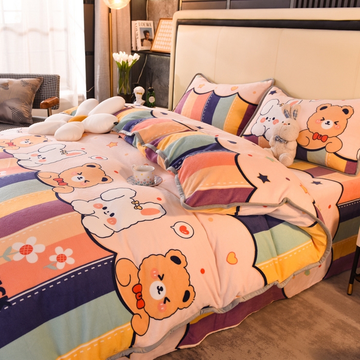 91家纺网 家纺一手货源 找家纺 518家纺 2025新高克重200g卡通印花牛奶绒四件套（支持定制）七彩花园