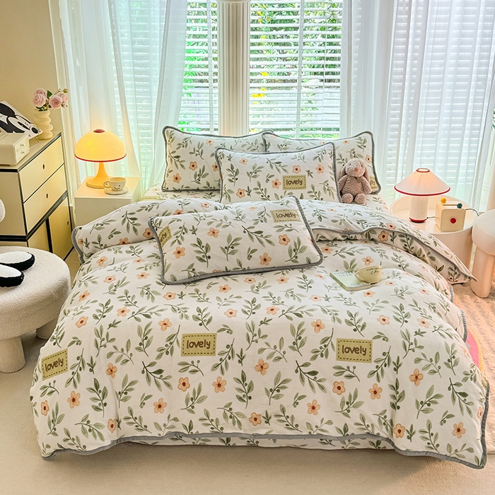 518家纺 2025新高克重200g卡通印花牛奶绒四件套（支持定制）青柠薄荷