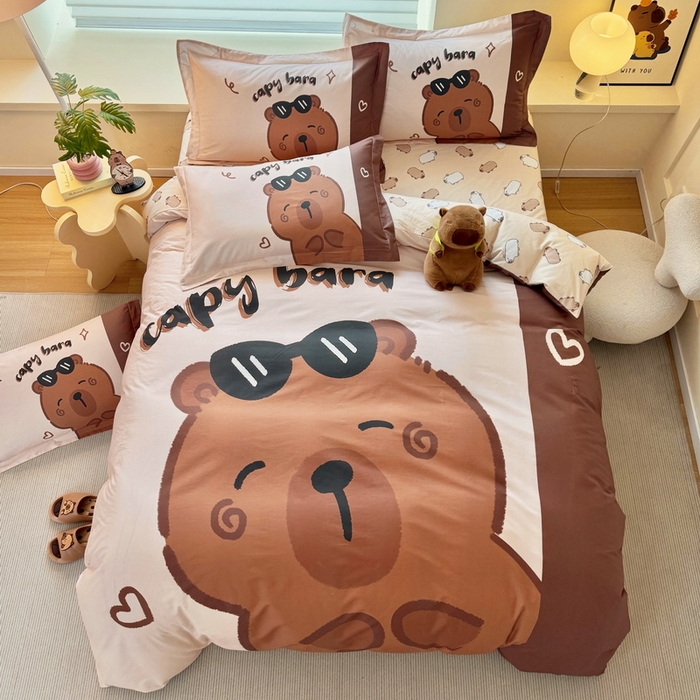 91家纺网 家纺一手货源 找家纺 蘭菲家纺 2025新款全棉大版卡皮巴拉系列四件套 皮小蛋