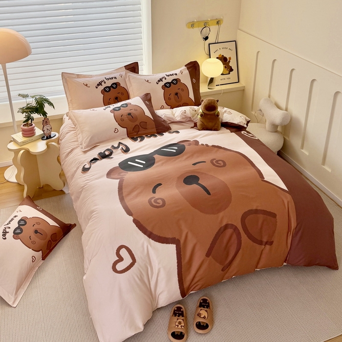 91家纺网 家纺一手货源 找家纺 蘭菲家纺 2025新款全棉大版卡皮巴拉系列四件套 皮小蛋