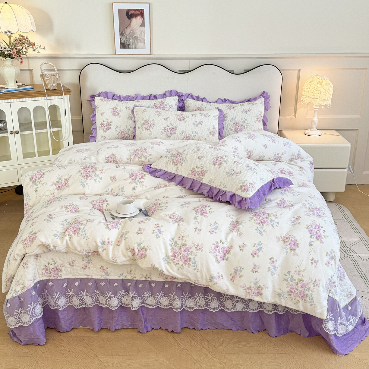 91家纺网 家纺一手货源 找家纺 （总）珍爱家纺 2025新款冬季加厚夹棉保暖牛奶绒蕾丝花边床盖床裙单件三件套双人四件套