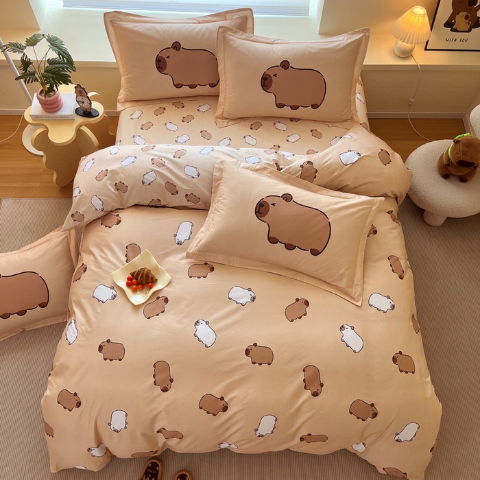 91家纺网 家纺一手货源 找家纺 蘭菲家纺 2025新款全棉小版卡皮巴拉系列四件套 卡豚