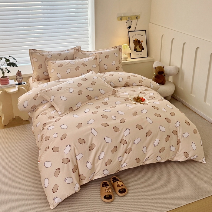 91家纺网 家纺一手货源 找家纺 蘭菲家纺 2025新款全棉小版卡皮巴拉系列四件套 小奶豚