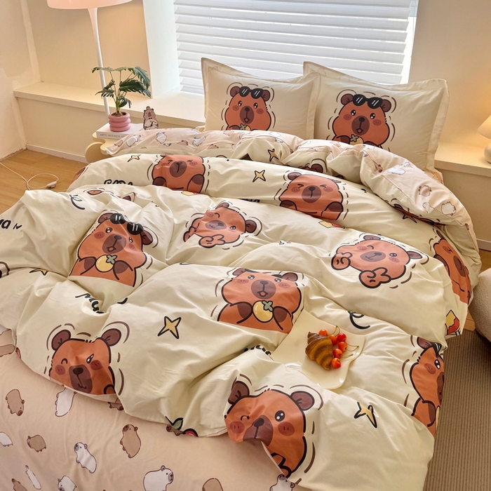 91家纺网 家纺一手货源 找家纺 蘭菲家纺 2025新款全棉小版卡皮巴拉系列四件套 拉不动