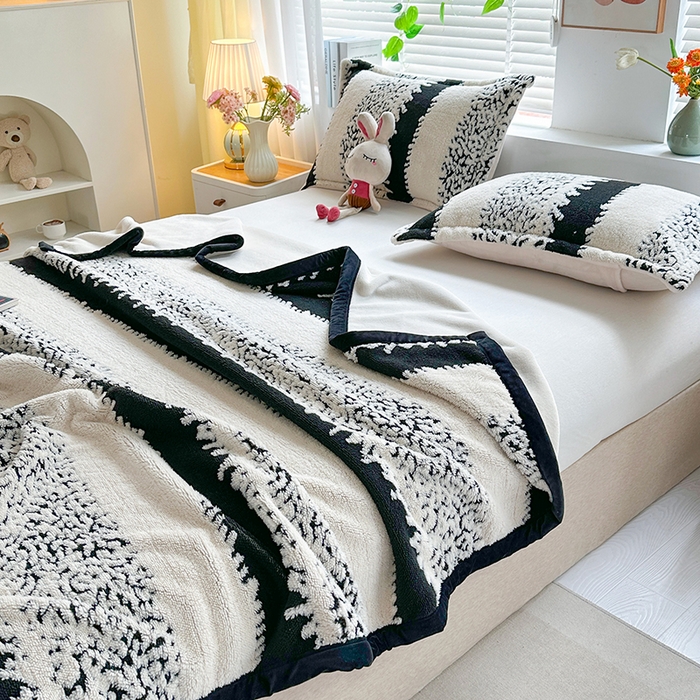 梓之赫 2025新款黑白阳离子舒棉绒云锦绒复合多功能毛毯毯子 时光条