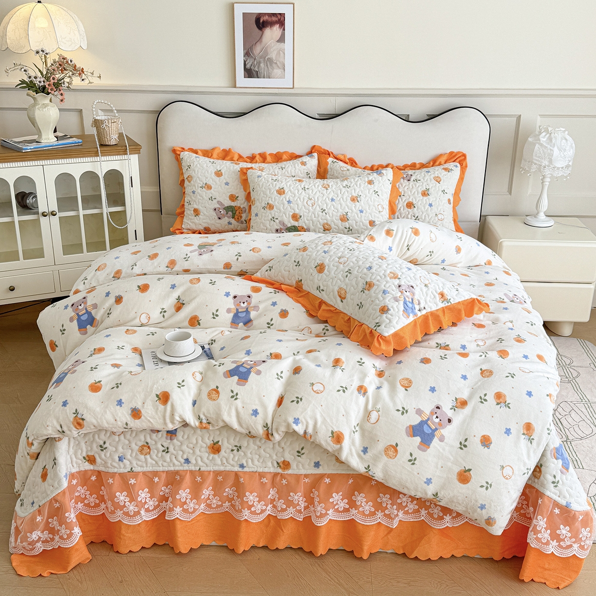 珍爱家纺 2025新款冬季加厚夹棉保暖牛奶绒蕾丝花边床盖床裙单件三件套双人四件套 心想事成