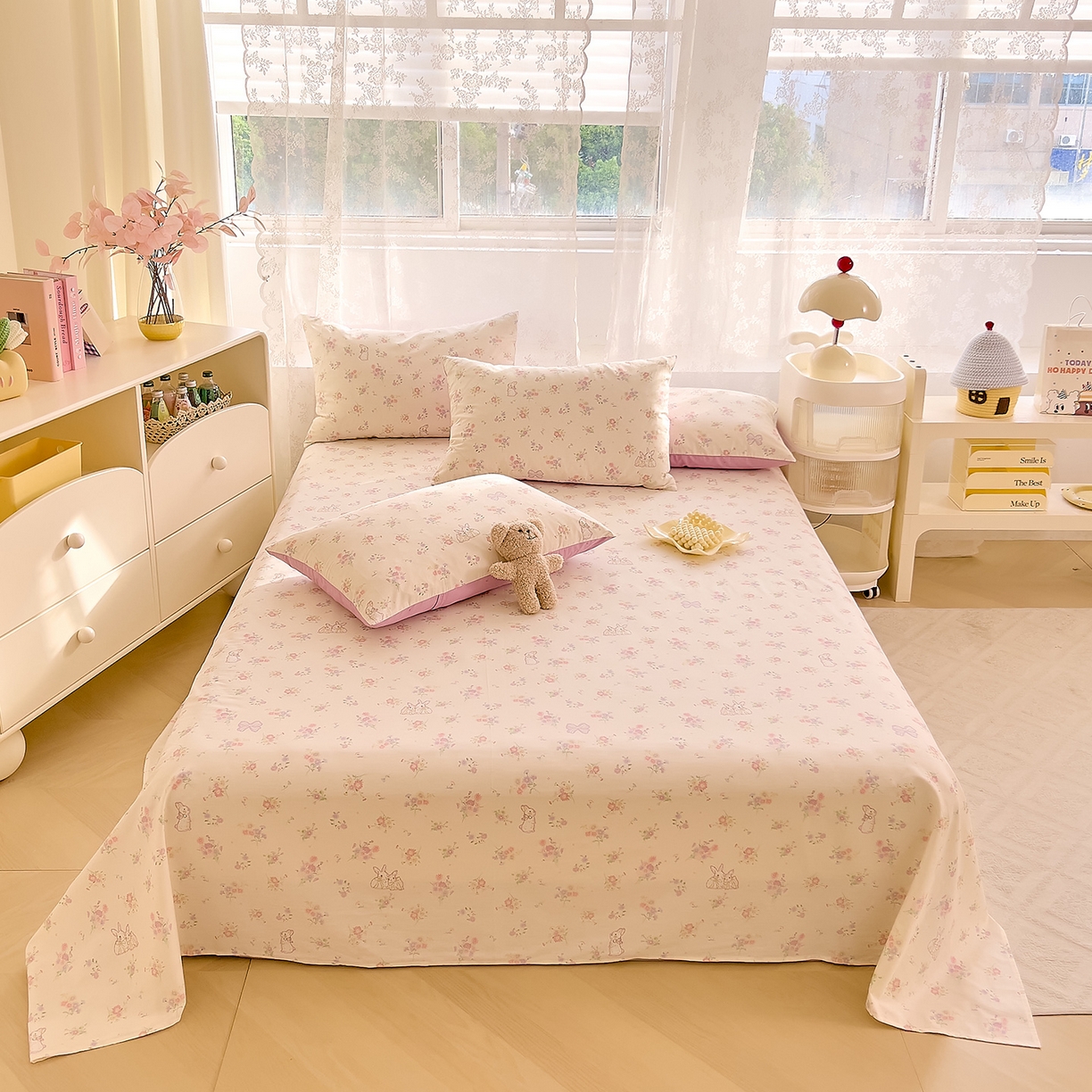 91家纺网 家纺一手货源 找家纺 DoDo 兜兜 2025新款卡通全棉纯棉小清新单品床单系列 （可定做尺寸） 萝莉兔