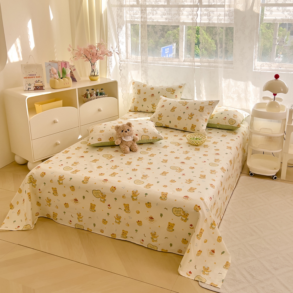 91家纺网 家纺一手货源 找家纺 DoDo 兜兜 2025新款卡通全棉纯棉小清新单品床单系列 （可定做尺寸） 围裙小熊