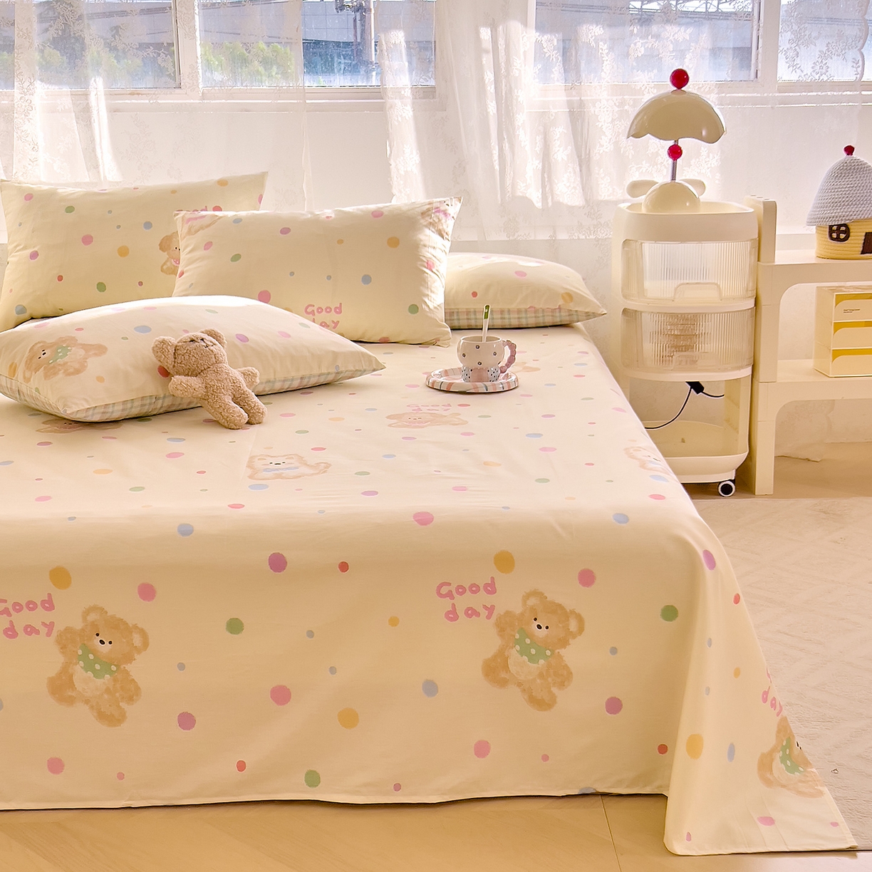 91家纺网 家纺一手货源 找家纺 DoDo 兜兜 2025新款卡通全棉纯棉小清新单品床单系列 （可定做尺寸） 假日小狗