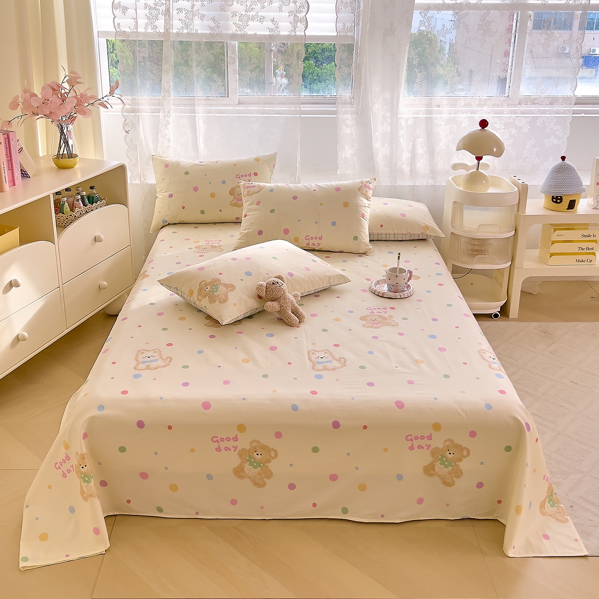 91家纺网 家纺一手货源 找家纺 DoDo 兜兜 2025新款卡通全棉纯棉小清新单品床单系列 （可定做尺寸） 假日小狗