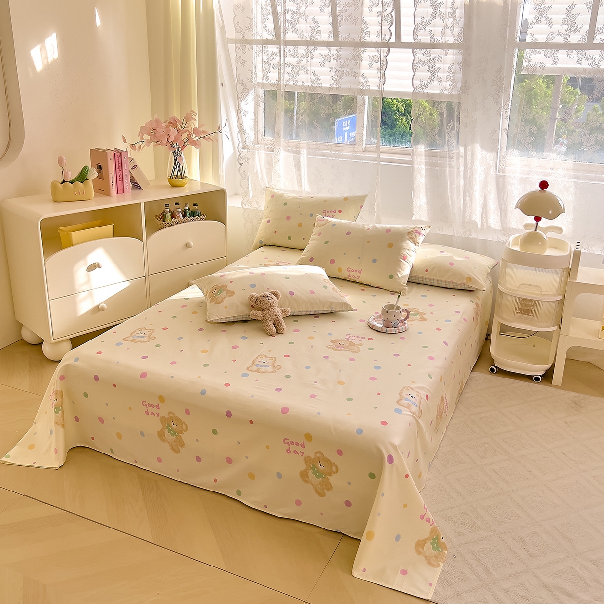 91家纺网 家纺一手货源 找家纺 DoDo 兜兜 2025新款卡通全棉纯棉小清新单品床单系列 （可定做尺寸） 假日小狗