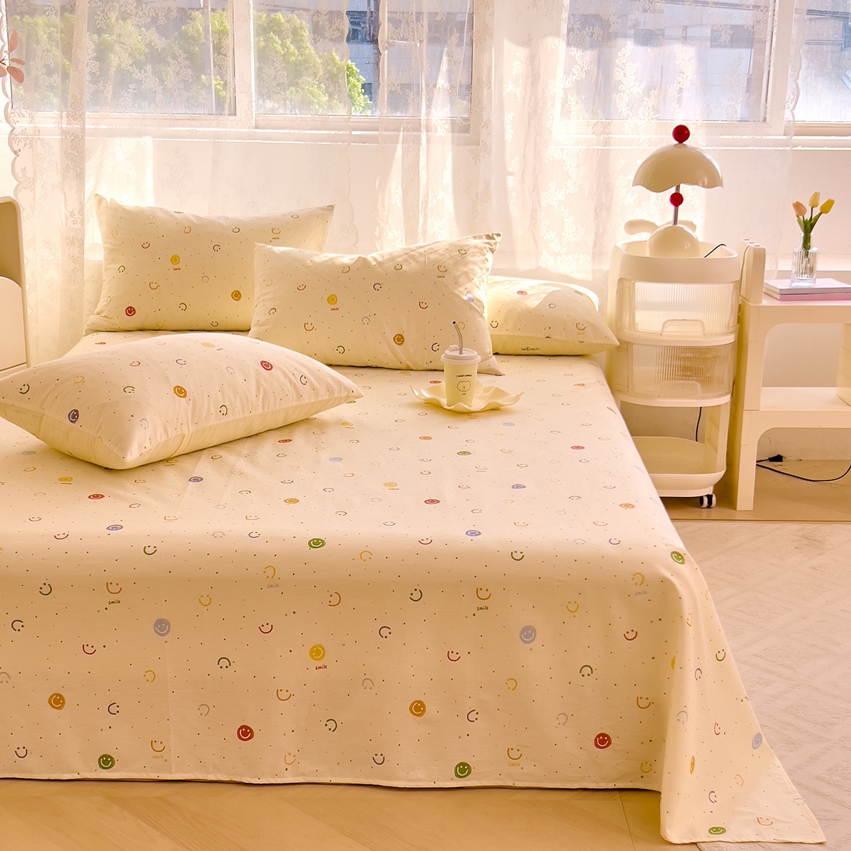 91家纺网 家纺一手货源 找家纺 DoDo 兜兜 2025新款卡通全棉纯棉小清新单品床单系列 （可定做尺寸） 多彩笑脸