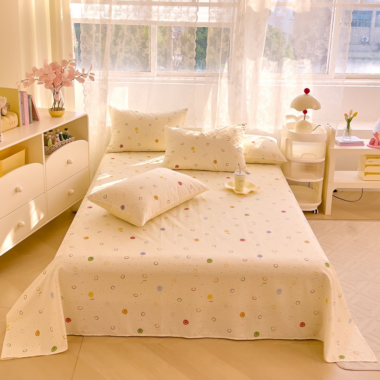 91家纺网 家纺一手货源 找家纺 DoDo 兜兜 2025新款卡通全棉纯棉小清新单品床单系列 （可定做尺寸） 多彩笑脸