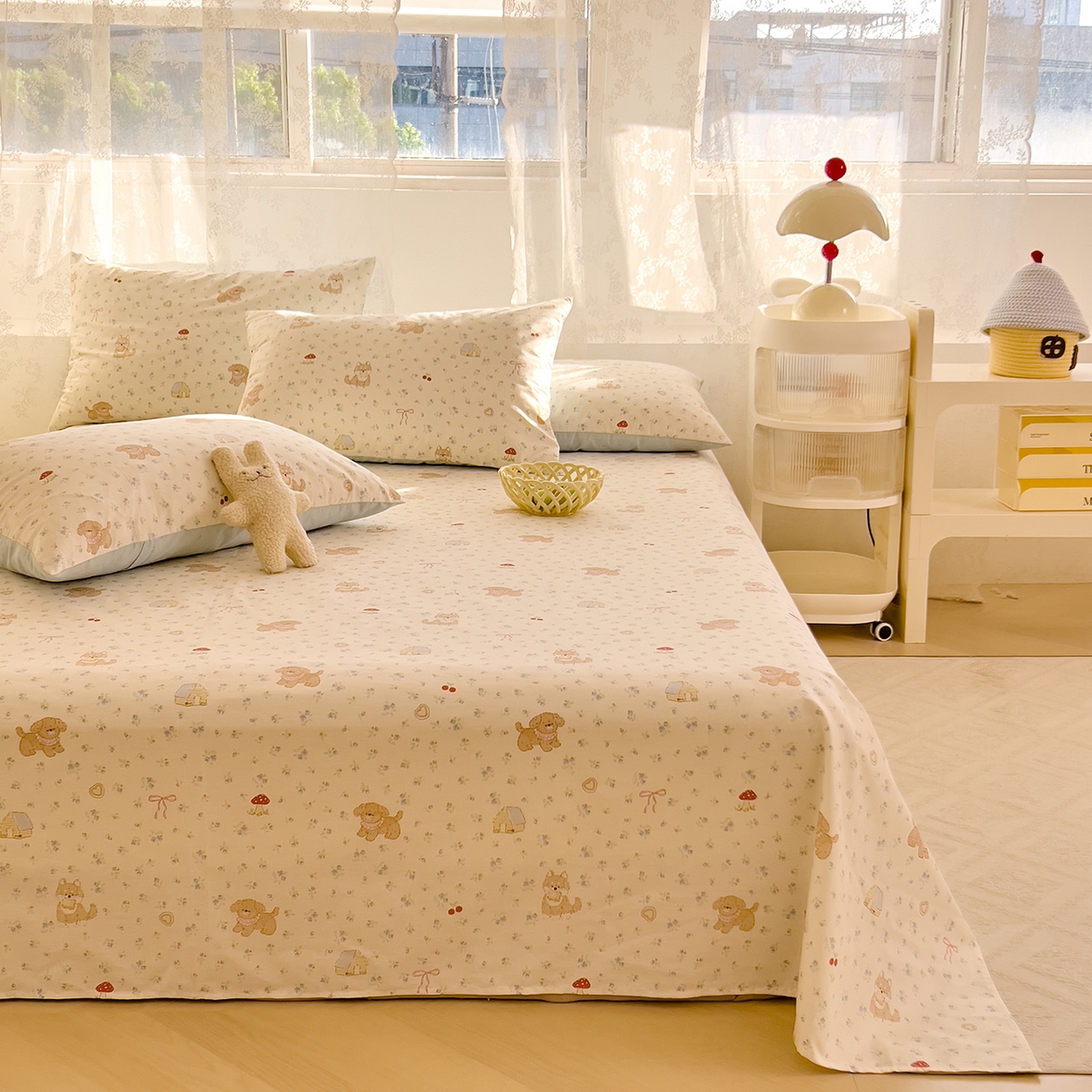 91家纺网 家纺一手货源 找家纺 DoDo 兜兜 2025新款卡通全棉纯棉小清新单品床单系列 （可定做尺寸） 蘑菇小狗
