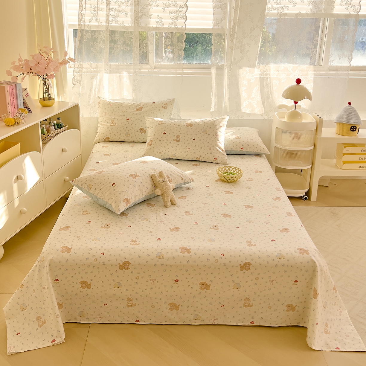 91家纺网 家纺一手货源 找家纺 DoDo 兜兜 2025新款卡通全棉纯棉小清新单品床单系列 （可定做尺寸） 蘑菇小狗
