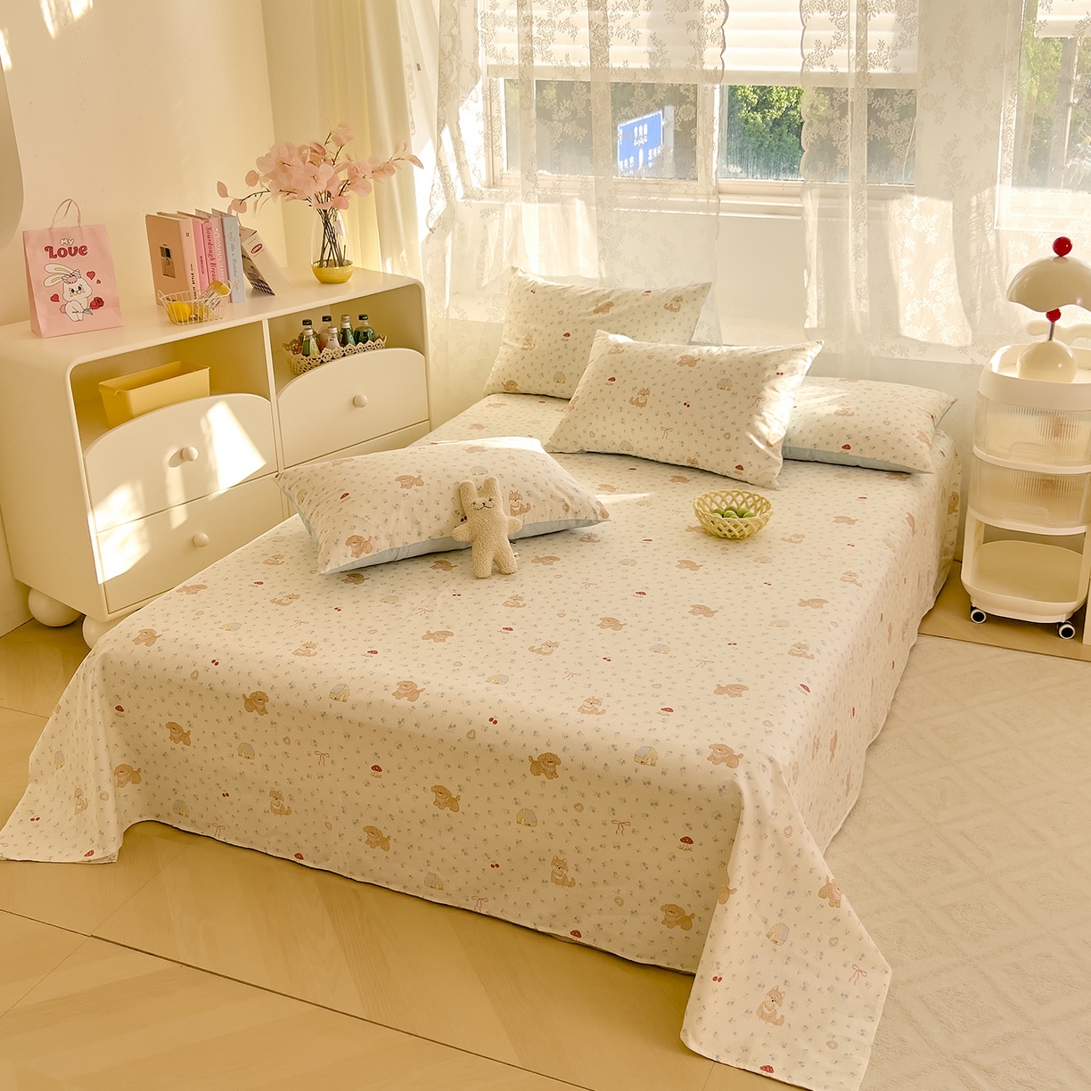 91家纺网 家纺一手货源 找家纺 DoDo 兜兜 2025新款卡通全棉纯棉小清新单品床单系列 （可定做尺寸） 蘑菇小狗